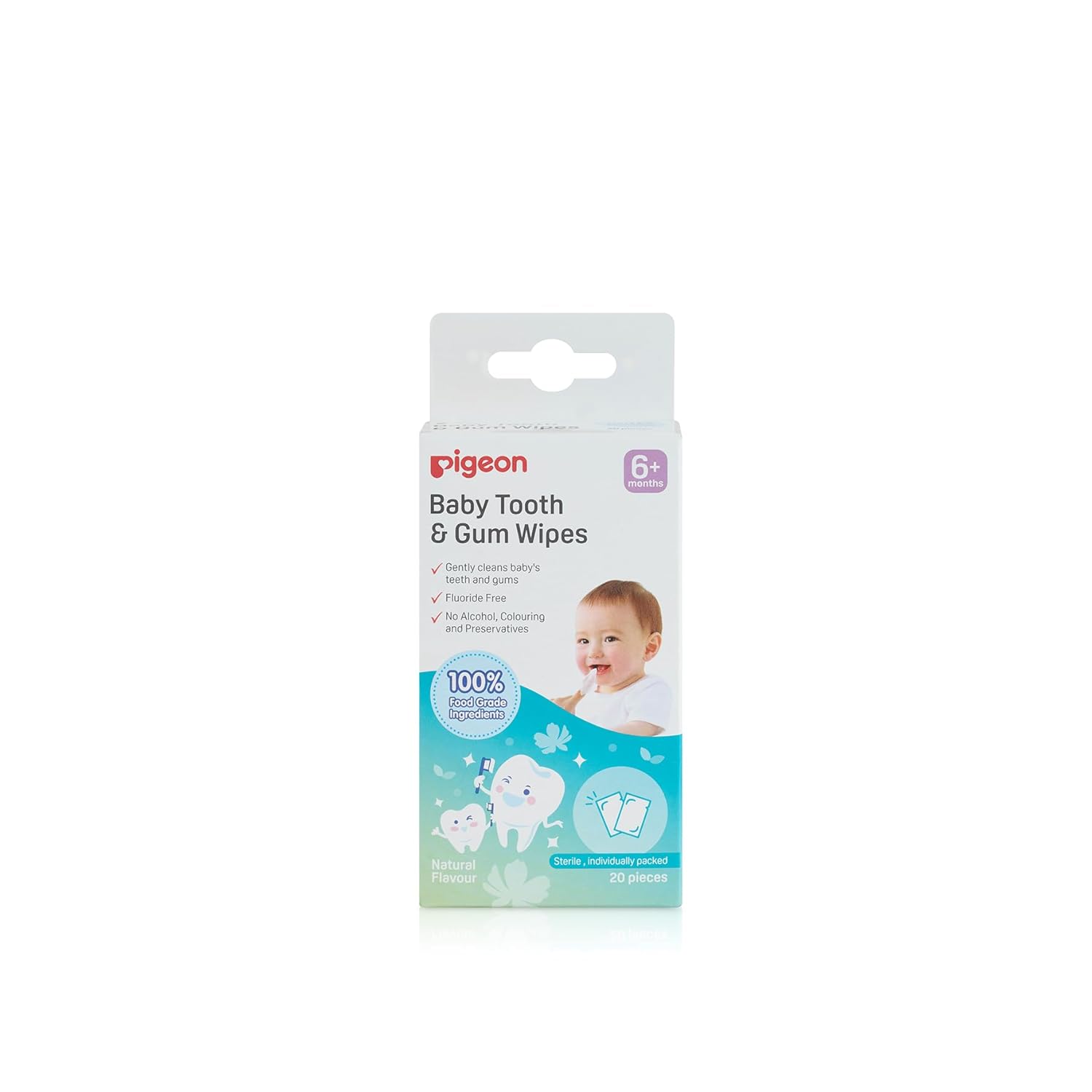 Pigeon baby tooth and gum wipes packaging on a white background. 