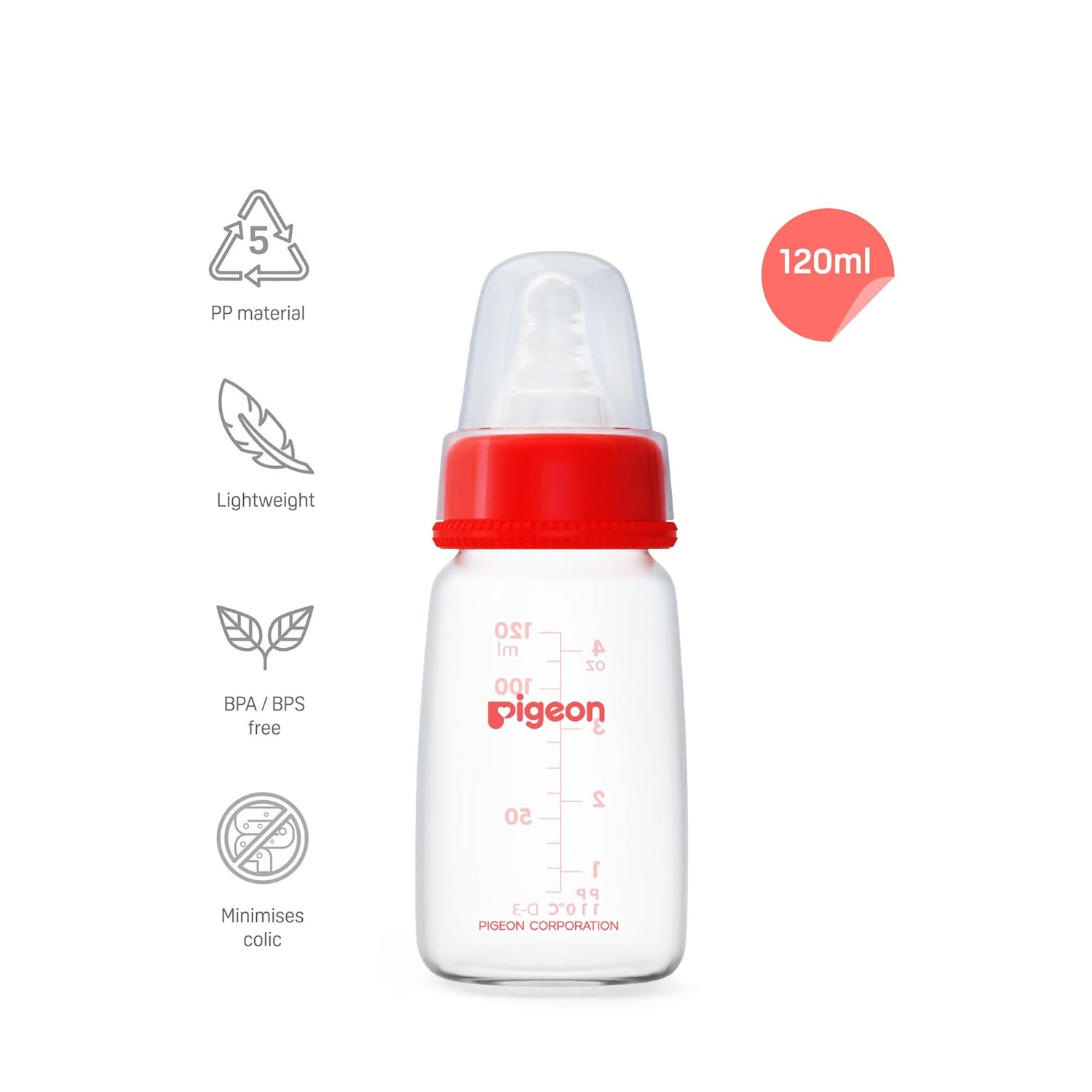 Pigeon baby bottle with red cap on a white background. Pigeon Feeding Bottle 120ml Red 0+ months go littles product image 2