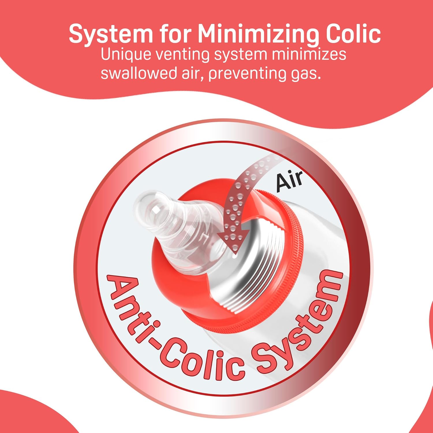 Red and white valve with 'Anti-Colic System' text on a pink background. Pigeon Feeding Bottle 120ml Red 0+ months go littles product image 3