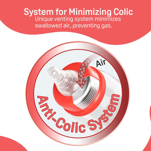 Red and white valve with 'Anti-Colic System' text on a pink background. Pigeon Feeding Bottle 120ml Red 0+ months go littles product image 3