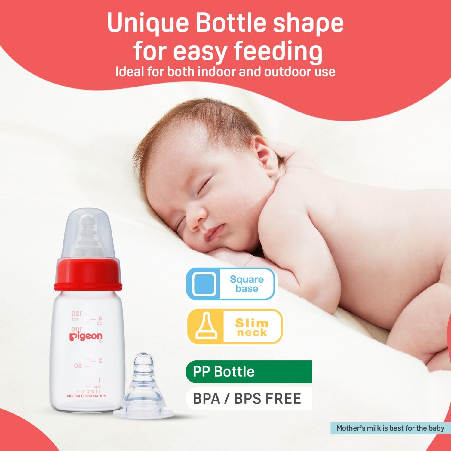 Baby bottle with red cap next to a sleeping baby, featuring text about bottle shape and benefits. Pigeon Feeding Bottle 120ml Red 0+ months go littles product image 4