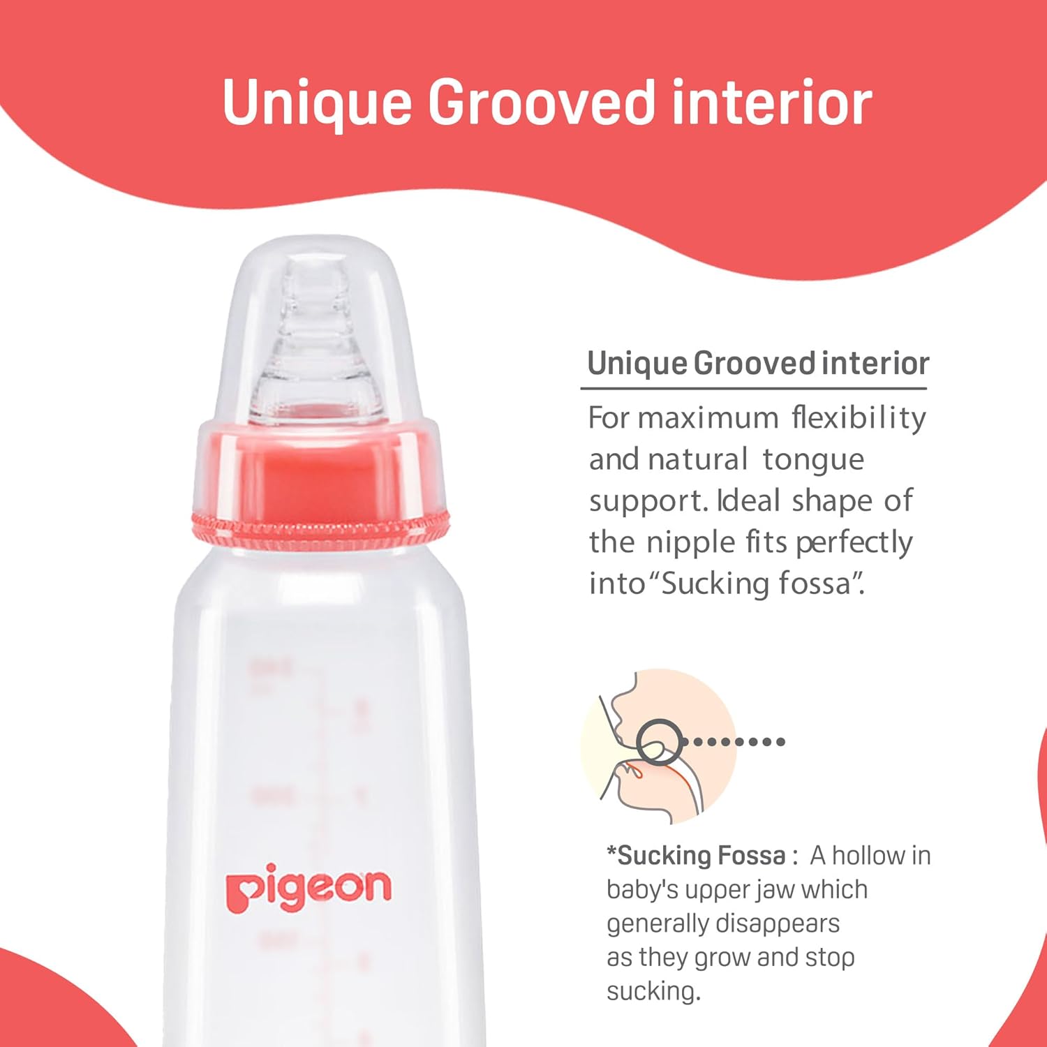 Pigeon baby bottle with unique grooved interior design on a white background. Pigeon Feeding Bottle 120ml Red 0+ months go littles product image 5