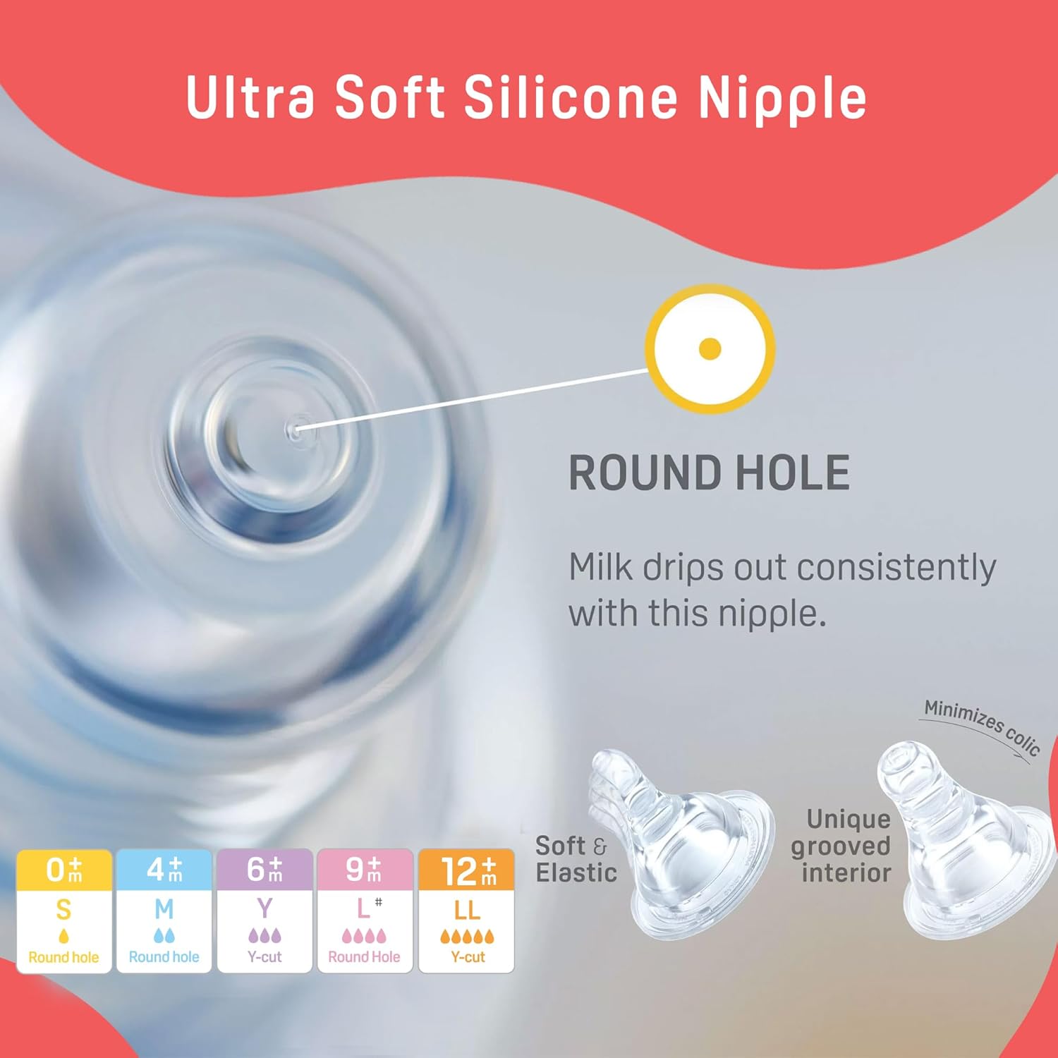 Ultra soft silicone nipple with round hole design and product details on a gray background. Pigeon Feeding Bottle 120ml Red 0+ months go littles product image 6