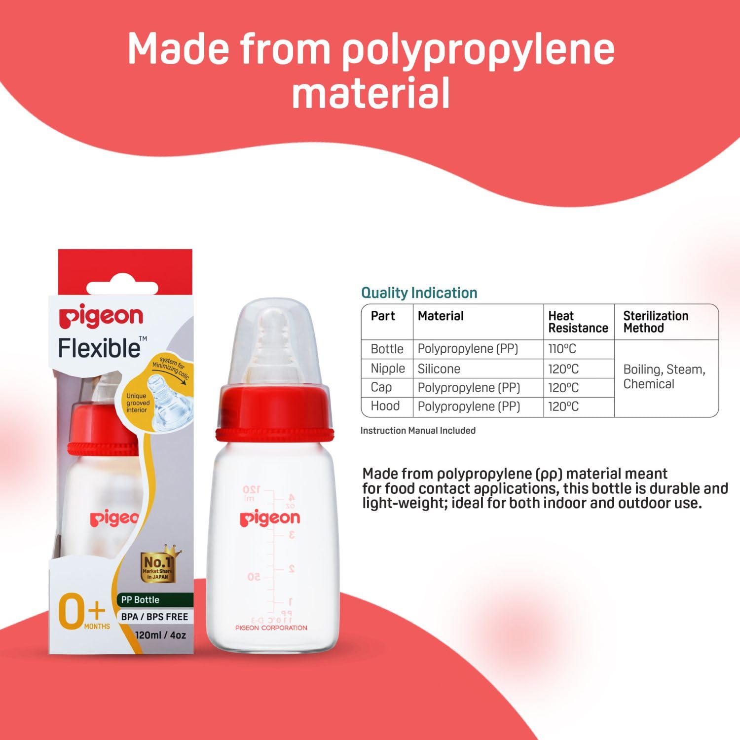 Pigeon baby bottle with packaging and material information on a red and white background. Pigeon Feeding Bottle 120ml Red 0+ months go littles product image 7