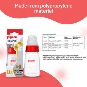 Pigeon baby bottle with packaging and material information on a red and white background. Pigeon Feeding Bottle 120ml Red 0+ months go littles product image 7