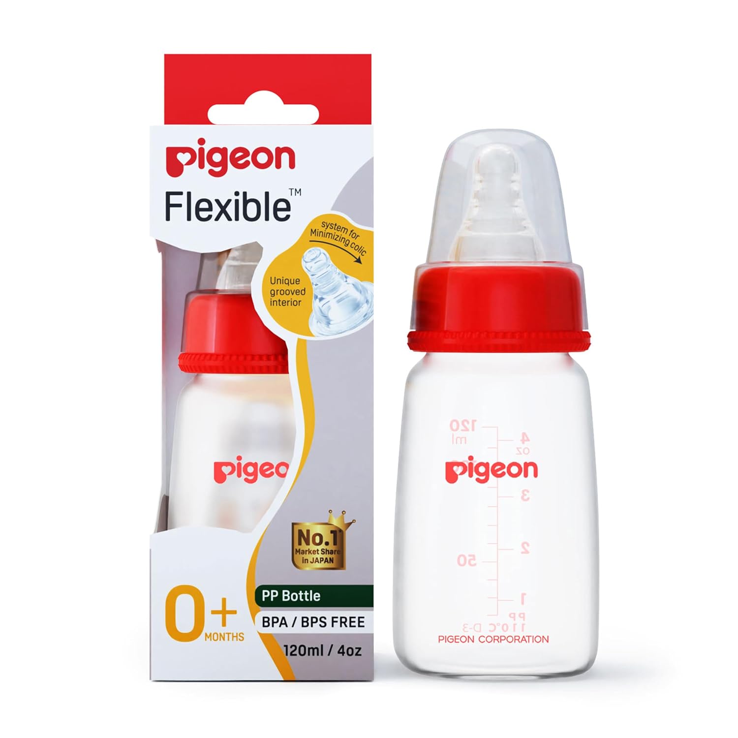 Pigeon flexible baby bottle with packaging on a white background. Pigeon Feeding Bottle 120ml Red 0+ months go littles product main image