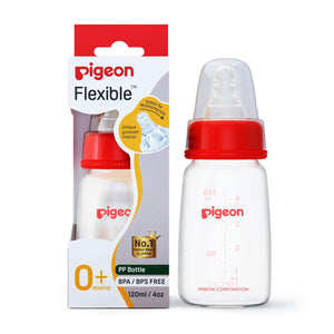 Pigeon flexible baby bottle with packaging on a white background. Pigeon Feeding Bottle 120ml Red 0+ months go littles product main image