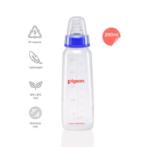 Pigeon baby bottle with blue cap on a white background. Pigeon Feeding Bottle 200ml Blue 4 months plus go littles product image 2