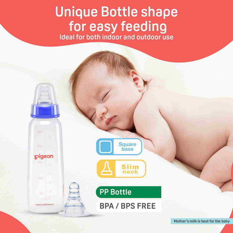 Baby bottle with baby sleeping next to it, emphasizing ease of feeding and safety features. Pigeon Feeding Bottle 200ml Blue 4 months plus go littles product image 3
