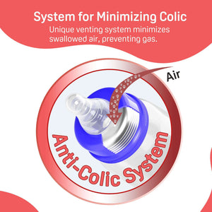 Anti-Colic System illustration with text on a red and white background. Pigeon Feeding Bottle 200ml Blue 4 months plus go littles product image 4