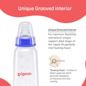Baby bottle with blue cap and Pigeon branding on a white background. Pigeon Feeding Bottle 200ml Blue 4 months plus go littles product image 5