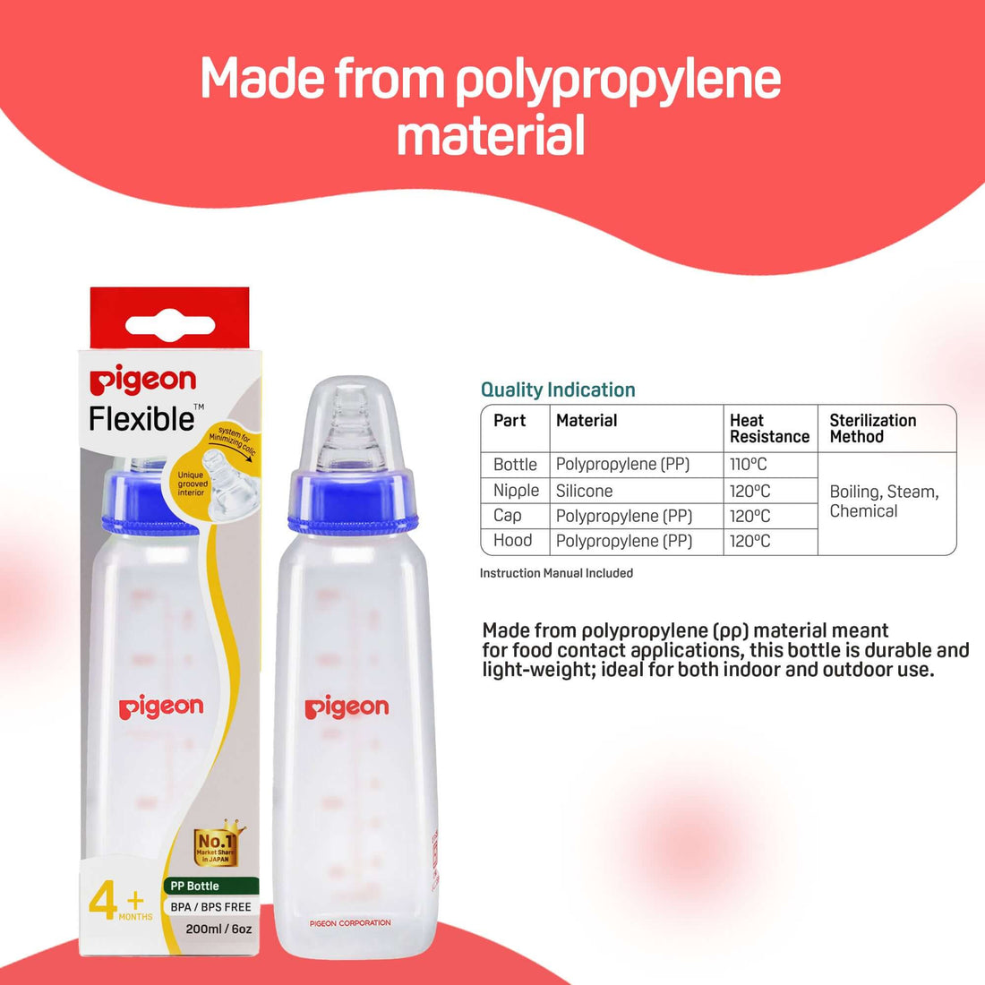 Pigeon baby bottle with packaging and material information on a red and white background. Pigeon Feeding Bottle 200ml Blue 4 months plus go littles product image 7