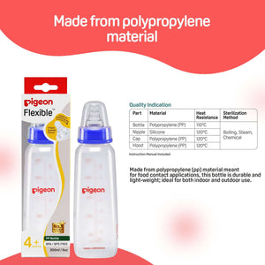 Pigeon baby bottle with packaging and material information on a red and white background. Pigeon Feeding Bottle 200ml Blue 4 months plus go littles product image 7