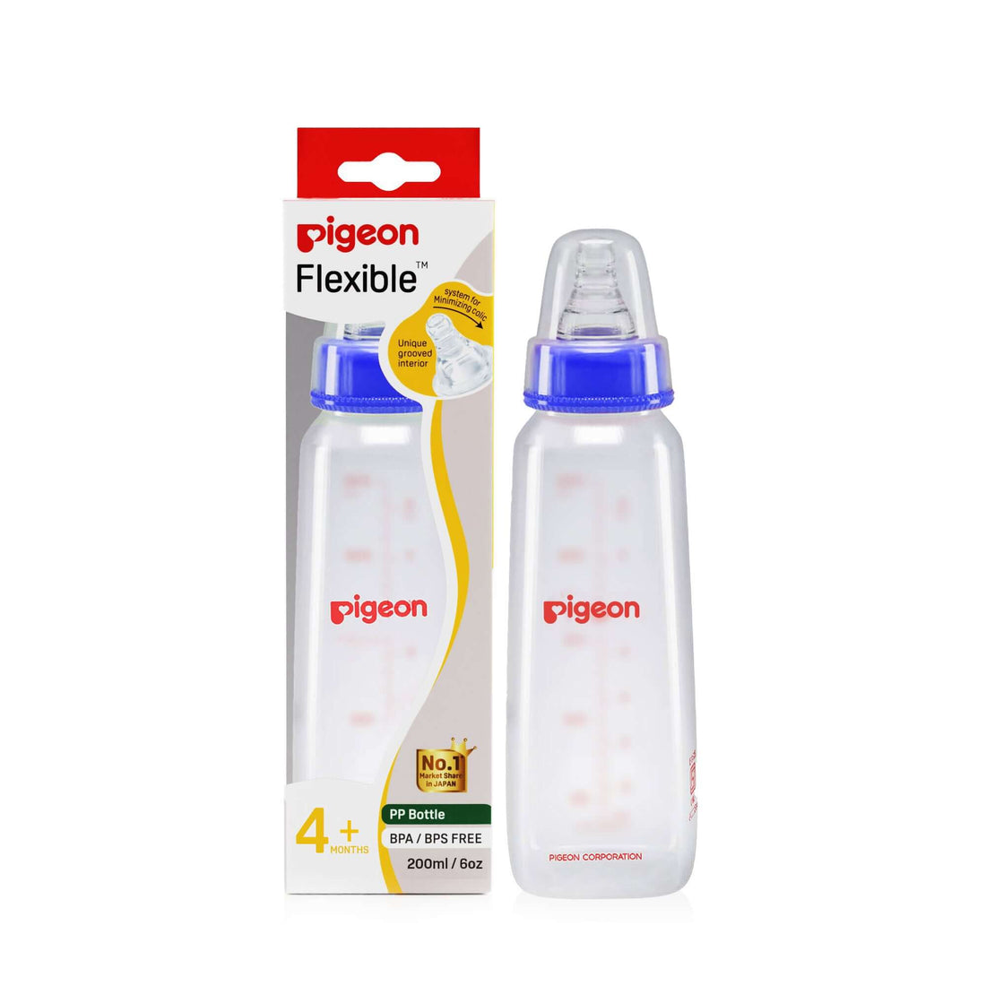 Pigeon baby bottle with packaging on a white background. Pigeon Feeding Bottle 200ml Blue 4 months plus go littles product main image