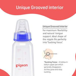 Baby bottle with blue cap and Pigeon branding on a white background. Pigeon Feeding Bottle 240ml LL Blue go little product main image 4