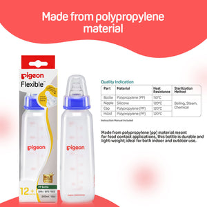 Pigeon baby bottle with packaging and material information on a red and white background. Pigeon Feeding Bottle 240ml LL Blue go little product main image 6