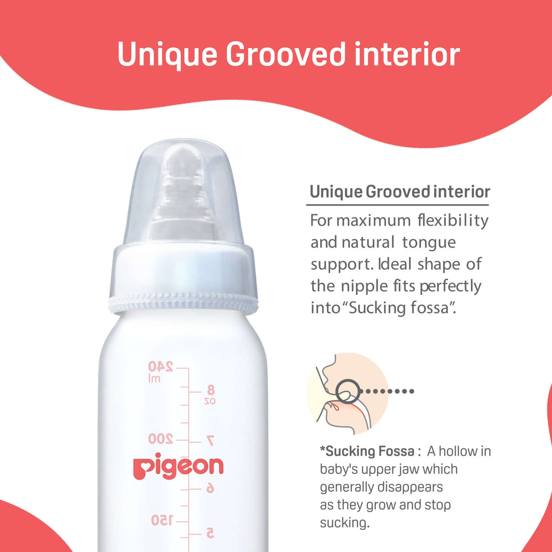 Pigeon baby bottle with unique grooved interior feature on a white background. Pigeon Feeding Bottle 240ml White 4months+ go littles product image 5