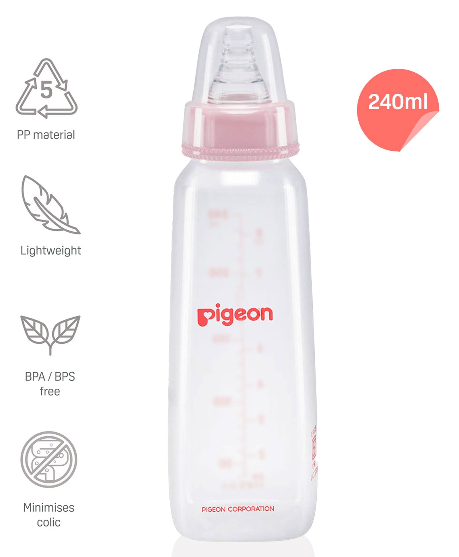 Pigeon baby bottle with pink cap on a white background. Pigeon Feeding Bottle L 240ml Pink go littles product image 2