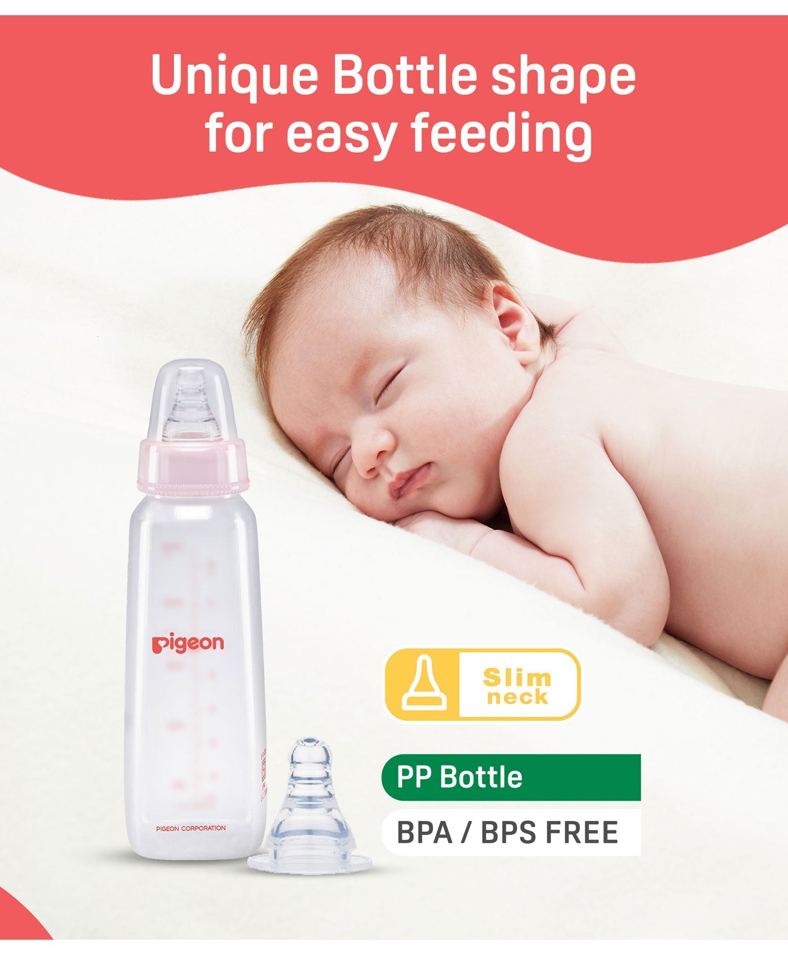 Baby bottle with Pigeon branding next to a sleeping baby, on a white background with text about bottle shape and features. Pigeon Feeding Bottle L 240ml Pink go littles product image 3