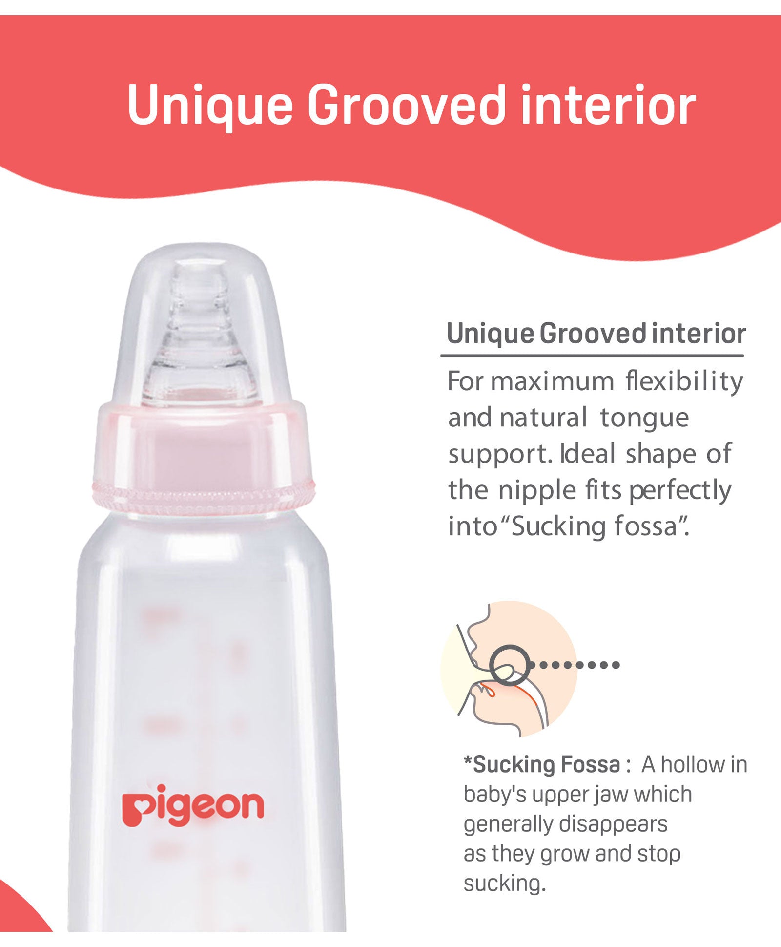 Pigeon baby bottle with pink cap on a white background, highlighting unique grooved interior feature.Pigeon_Feeding_Bottle_L_240ml_Pink_go_littles_product_image_5