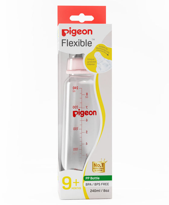 Pigeon flexible bottle packaging on a white background. Pigeon Feeding Bottle L 240ml Pink go littles product main image
