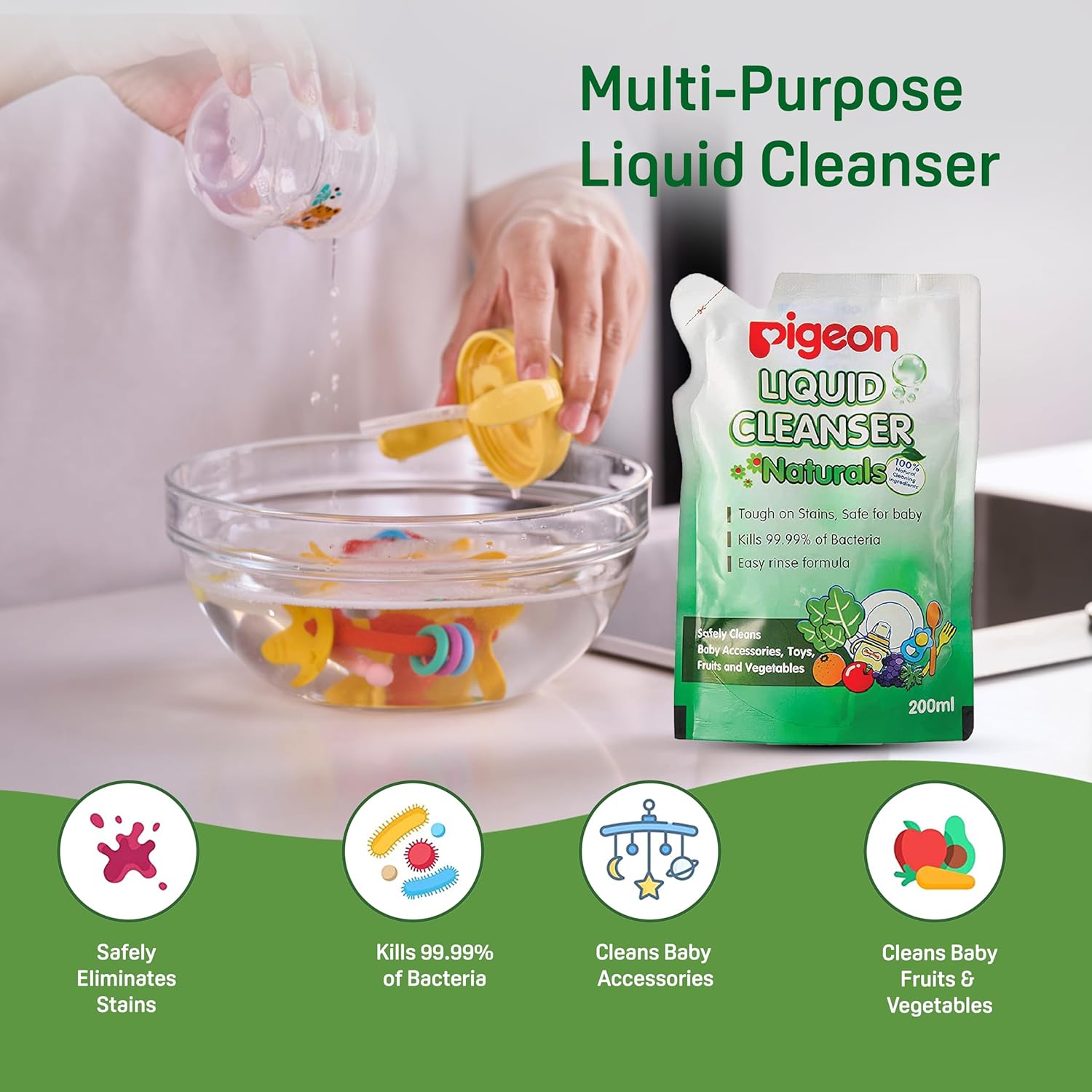 Pigeon Liquid Cleanser packaging with a person using it to clean baby toys, against a white background. Pigeon Liquid Cleanser 200ml Refill go littles product image 2