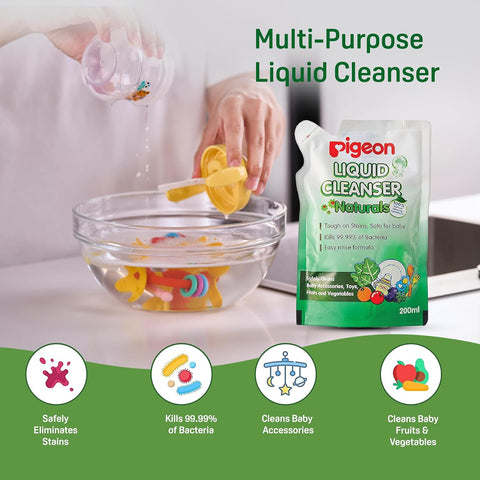 Pigeon Liquid Cleanser packaging with a person using it to clean baby toys, against a white background. Pigeon Liquid Cleanser 200ml Refill go littles product image 2