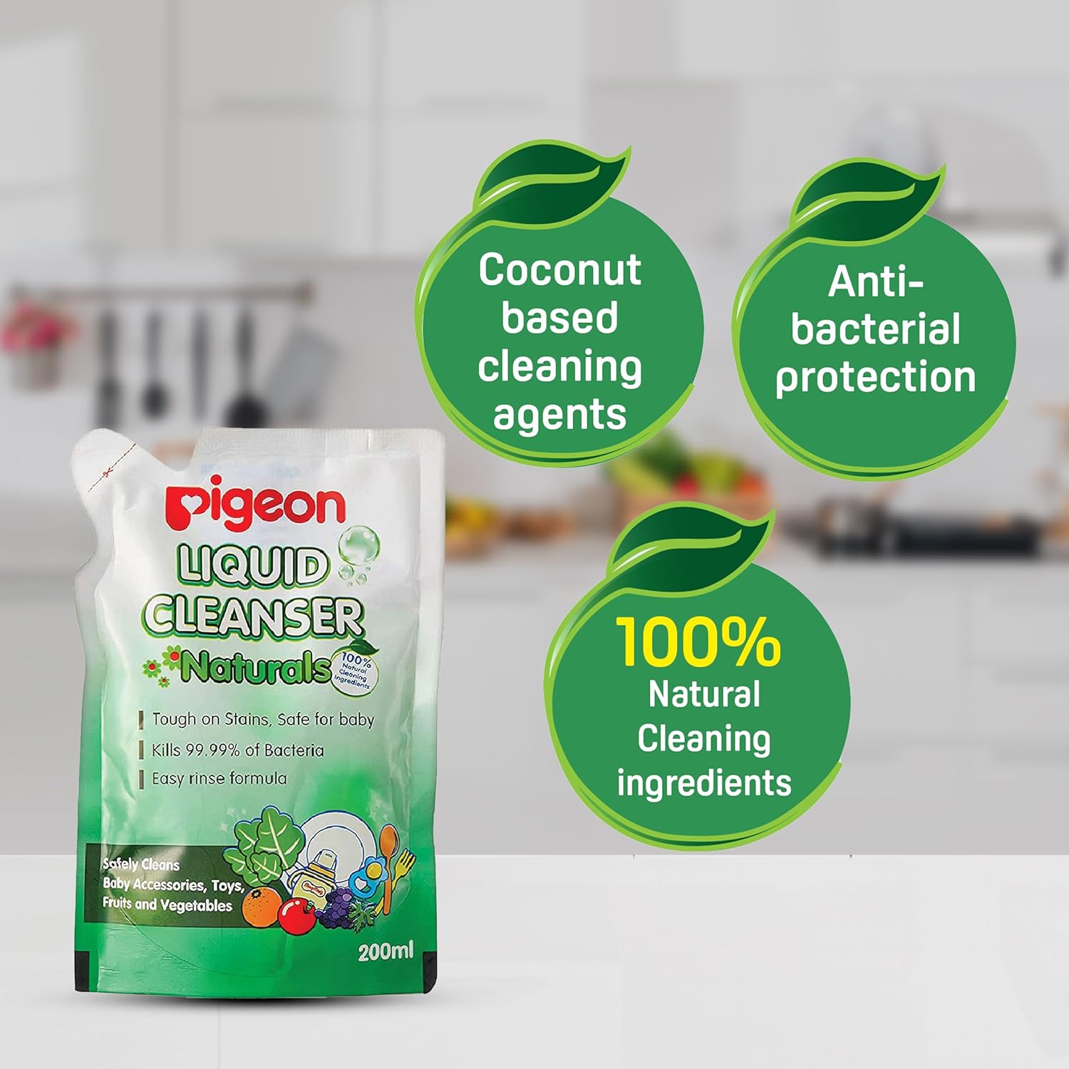 Pigeon Liquid Cleanser Naturals packaging with features highlighted on a kitchen background. Pigeon Liquid Cleanser 200ml Refill go littles product image 3