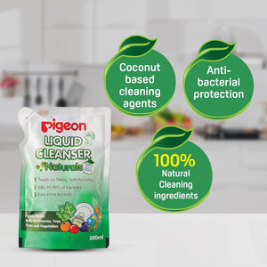Pigeon Liquid Cleanser Naturals packaging with features highlighted on a kitchen background. Pigeon Liquid Cleanser 200ml Refill go littles product image 3