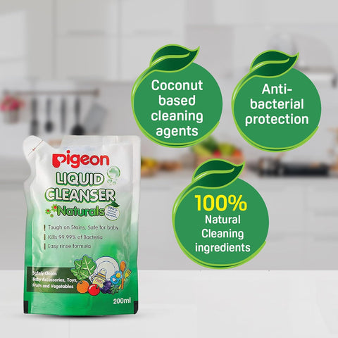 Pigeon Liquid Cleanser Naturals packaging with features highlighted on a kitchen background. Pigeon Liquid Cleanser 200ml Refill go littles product image 3