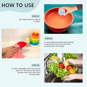 Instructions on how to use liquid cleanser for cleaning baby accessories, vegetables, and fruits. Pigeon Liquid Cleanser 200ml Refill go littles product image 4