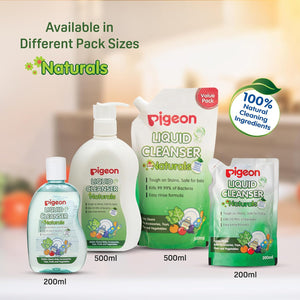 Pigeon Liquid Cleanser Naturals packaging with different pack sizes on a blurred background. Pigeon Liquid Cleanser 200ml Refill go littles product image 6
