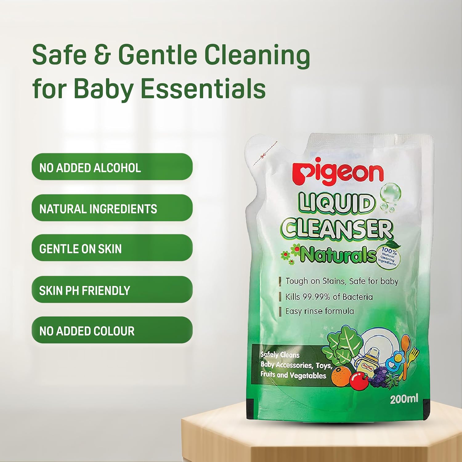 Pigeon Liquid Cleanser Naturals packaging with safety features listed on a white background. Pigeon Liquid Cleanser 200ml Refill go littles product image 7