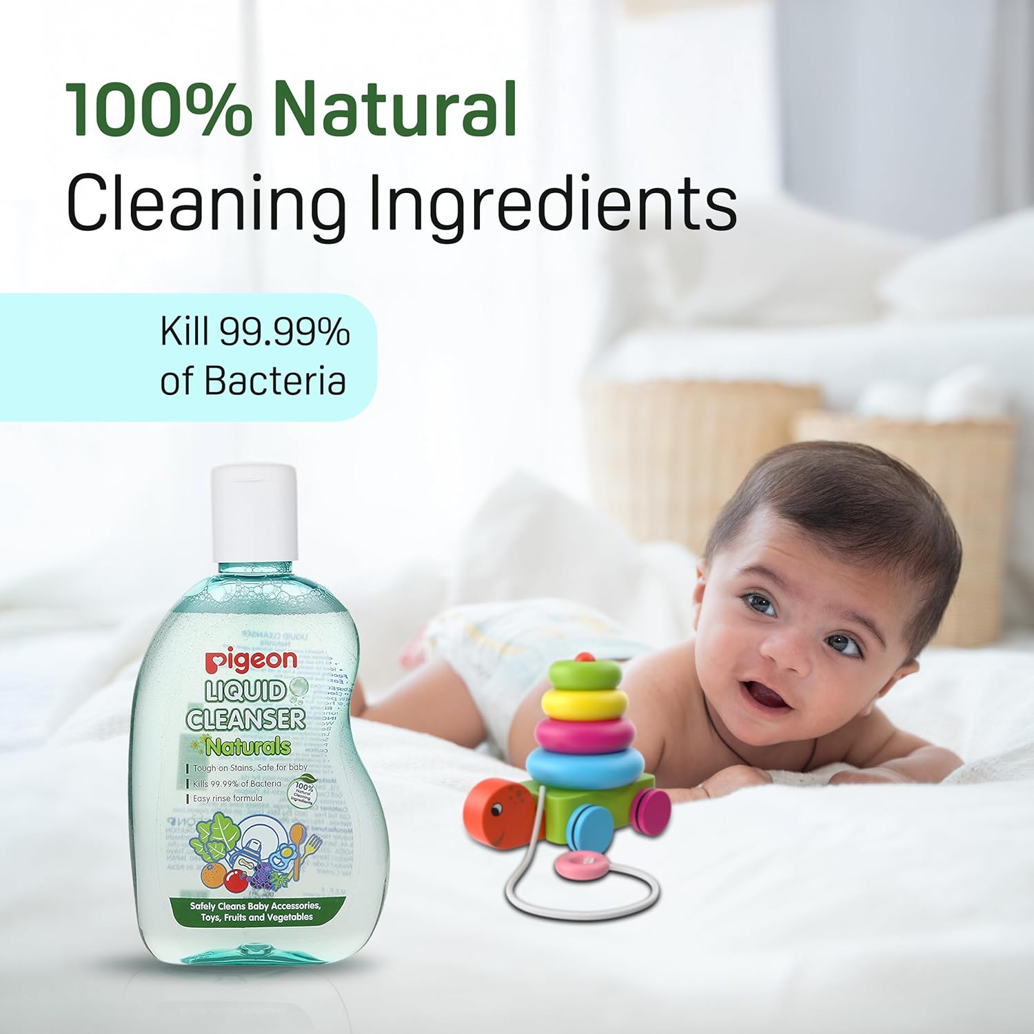 Pigeon liquid cleanser bottle with a baby and colorful toy in the background, emphasizing natural cleaning ingredients. Pigeon Liquid Cleanser Bottle Naturals 200ml go littles product image 4