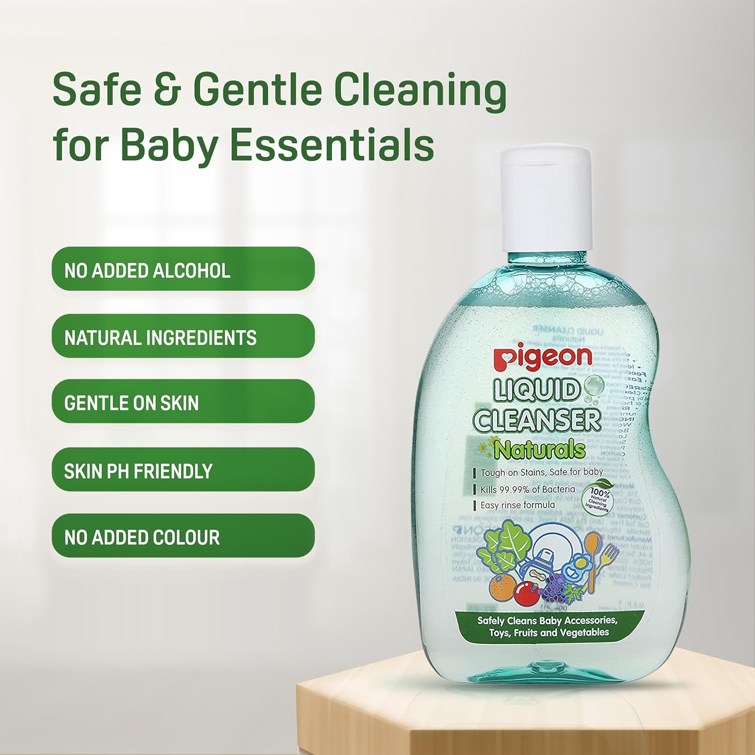 Pigeon Liquid Cleanser Naturals bottle with safety features listed on a white background. Pigeon Liquid Cleanser Bottle Naturals 200ml go littles product image 5