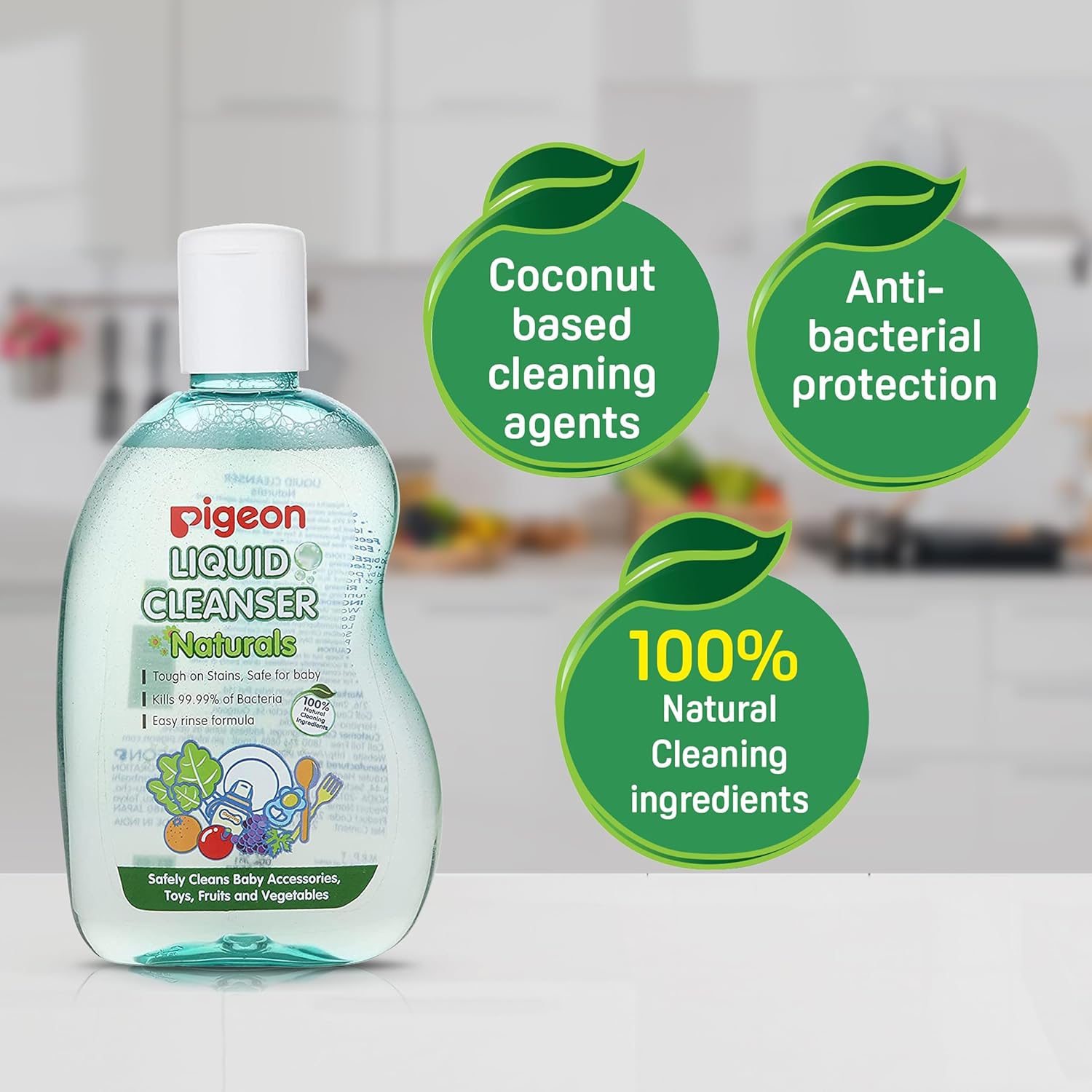 Pigeon Liquid Cleanser bottle with green labels on a kitchen counter. Pigeon Liquid Cleanser Bottle Naturals 200ml go littles product image 6