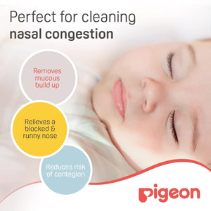 Advertisement for Pigeon nasal congestion relief product with a baby sleeping and text highlighting benefits. Pigeon Nose Cleaner go littles product image 3