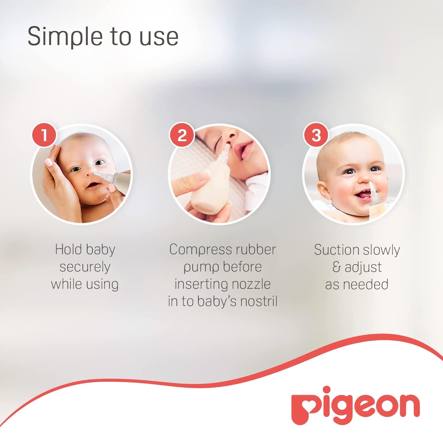 Instructions for using a baby product with Pigeon branding on a light gray background. Pigeon Nose Cleaner go littles product image 5