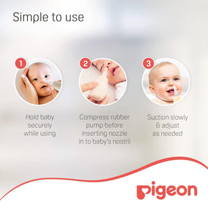 Instructions for using a baby product with Pigeon branding on a light gray background. Pigeon Nose Cleaner go littles product image 5