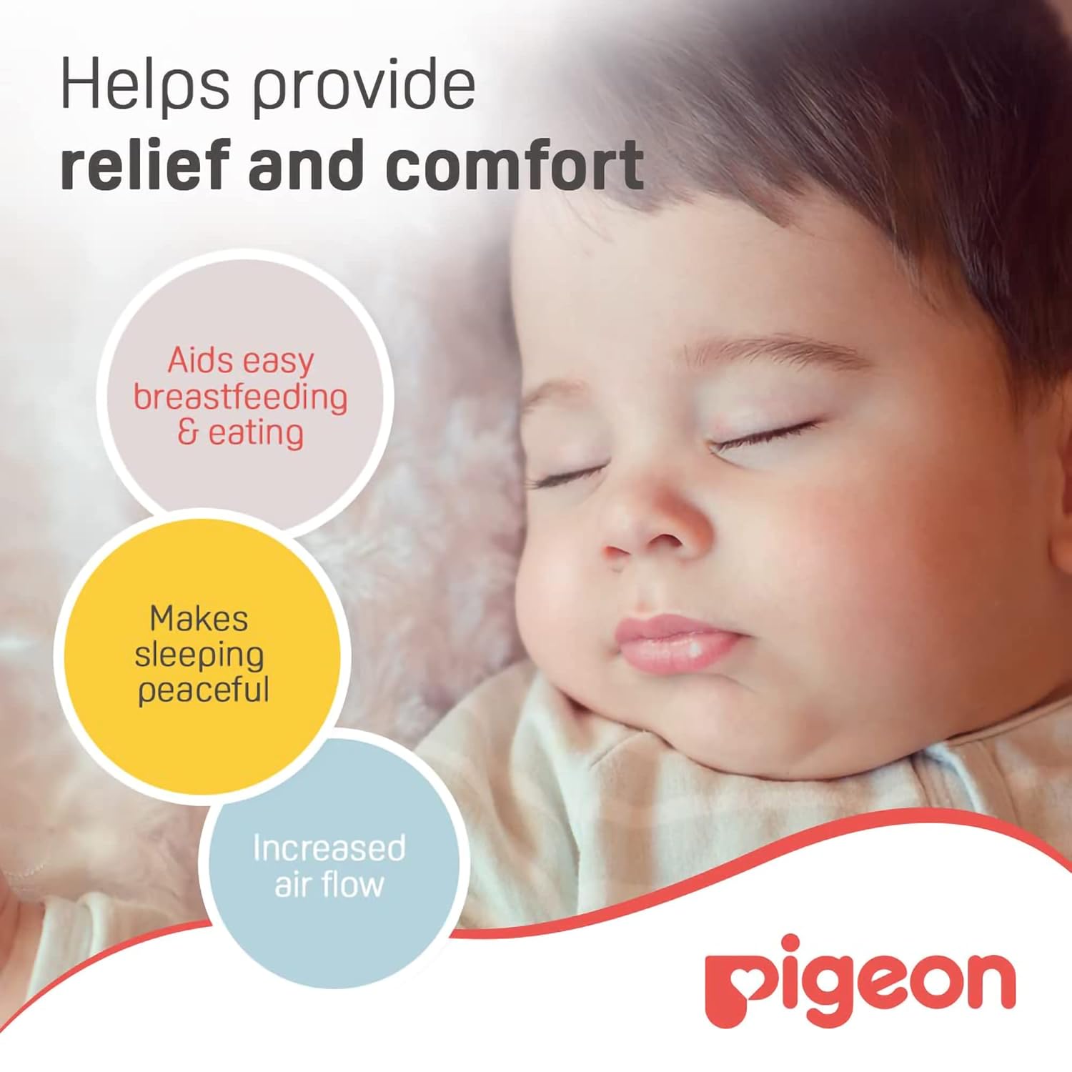 Baby sleeping with text about relief and comfort, and Pigeon brand logo. Pigeon Nose Cleaner go littles product image 7