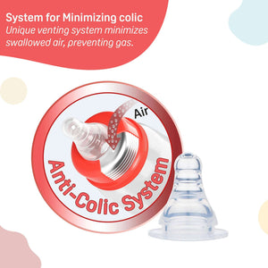 Anti-colic system for a baby bottle with text explaining its function. Pigeon Peristaltic Nipple Box L_go littles_product image 5