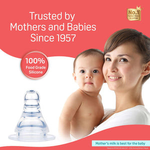Woman holding a baby with a silicone nipple and text about trust since 1957 on a red background. Pigeon Peristaltic Nipple Box L_go littles_product image 6