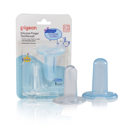 Pigeon silicone finger toothbrush with packaging on a white background. Pigeon Silicone Finger Toothbrush go littles product image