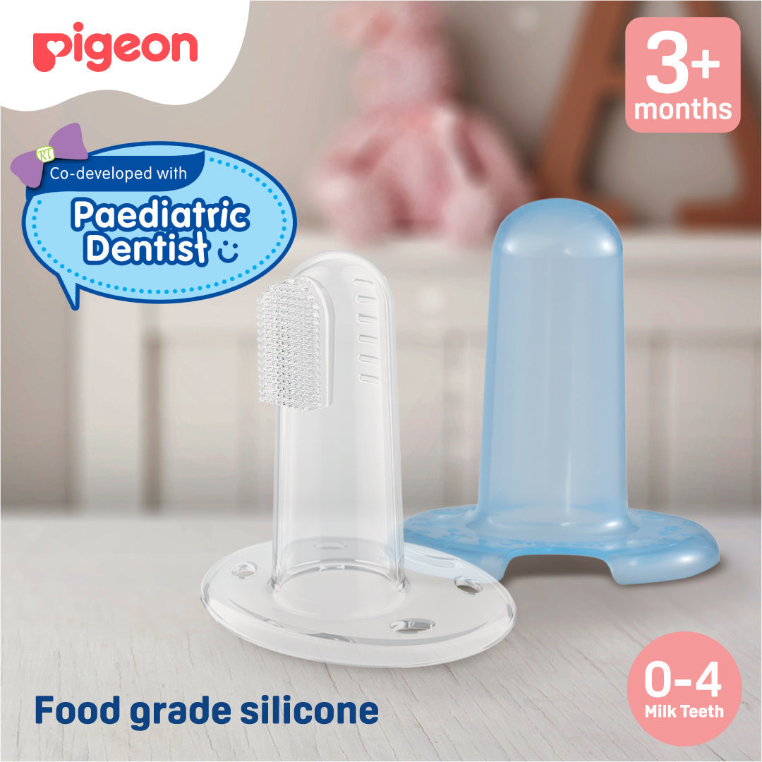 Baby teether and cleaning brush with Pigeon branding and product details on a neutral background.Pigeon Silicone Finger Toothbrush go littles product image 2