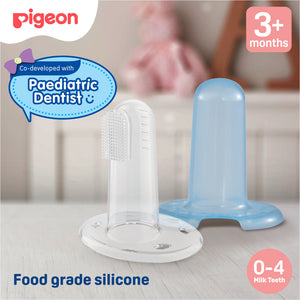 Baby teether and cleaning brush with Pigeon branding and product details on a neutral background.Pigeon Silicone Finger Toothbrush go littles product image 2