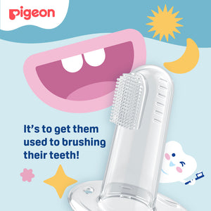 Children's toothbrush with cartoon mouth and tooth on a light blue background, featuring the Pigeon brand. Pigeon Silicone Finger Toothbrush go littles product image 3