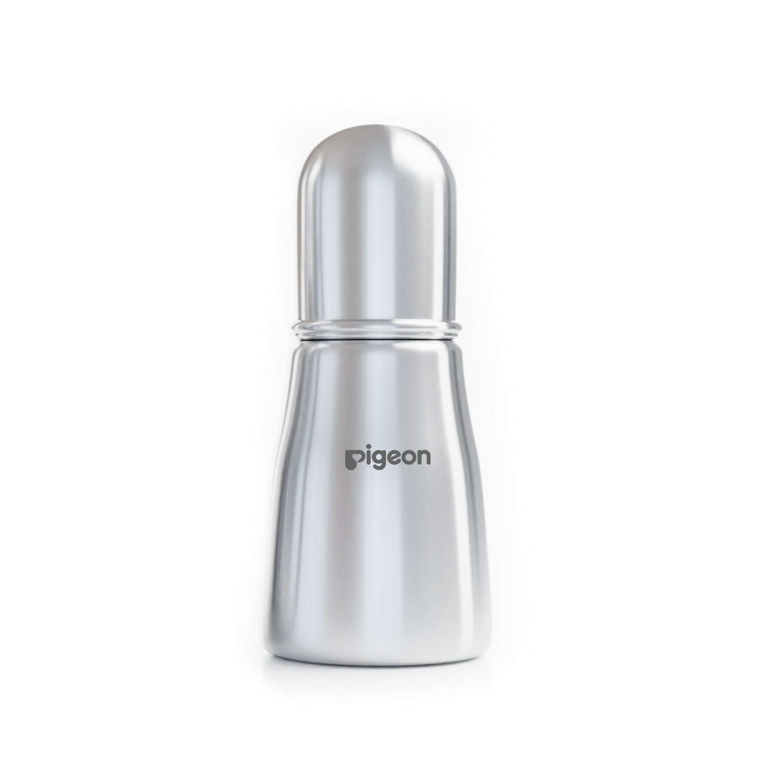 Silver bottle with 'Pigeon' branding on a white background. Pigeon_Steel_Feeding_Bottle_140ml_M_Size_4_months_go_littles___product_image_2