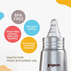 Silver baby bottle with Pigeon branding on a white background with colorful text about bottle features. Pigeon_Steel_Feeding_Bottle_140ml_M_Size_4_months_go_littles___product_image_3