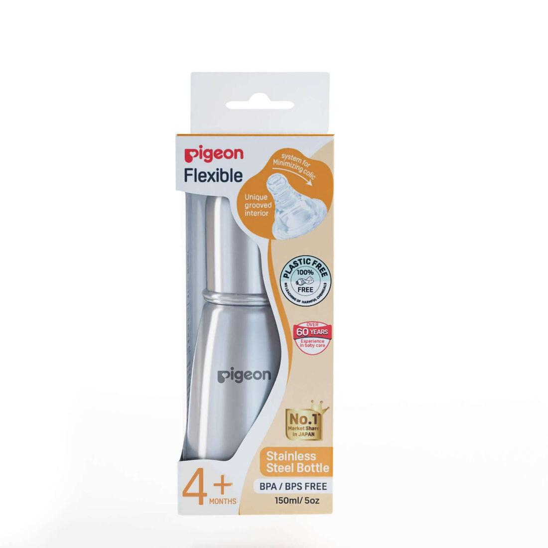 Pigeon stainless steel bottle packaging on a white background. Pigeon_Steel_Feeding_Bottle_140ml_M_Size_4_months_go_littles___product_main_image