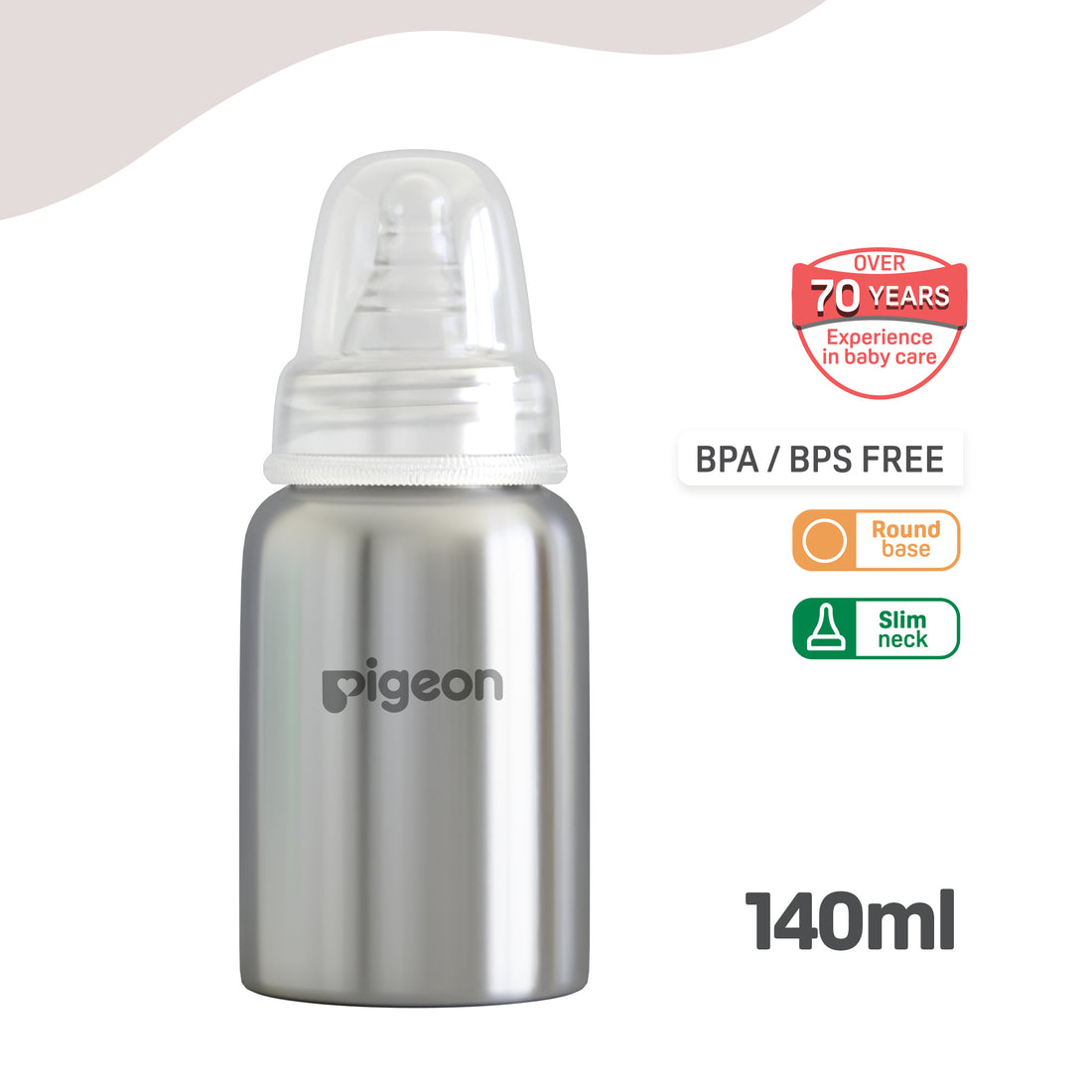 Silver baby bottle with Pigeon branding on a white background. Pigeon Steel Feeding Bottle 150ml - S Size 0+ Months go littles product image 1